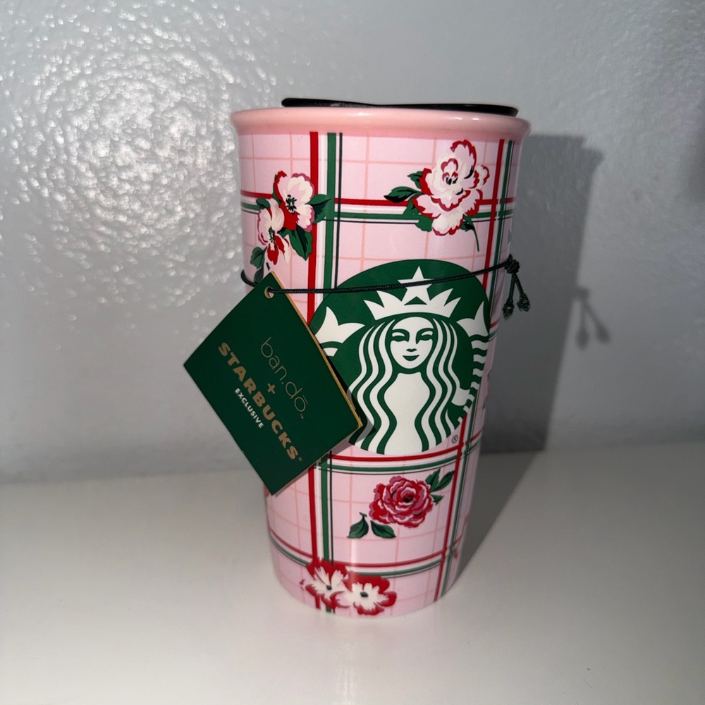 Starbucks ban.do Pink Floral Double Wall Ceramic Travel Mug Tumbler 12 oz
